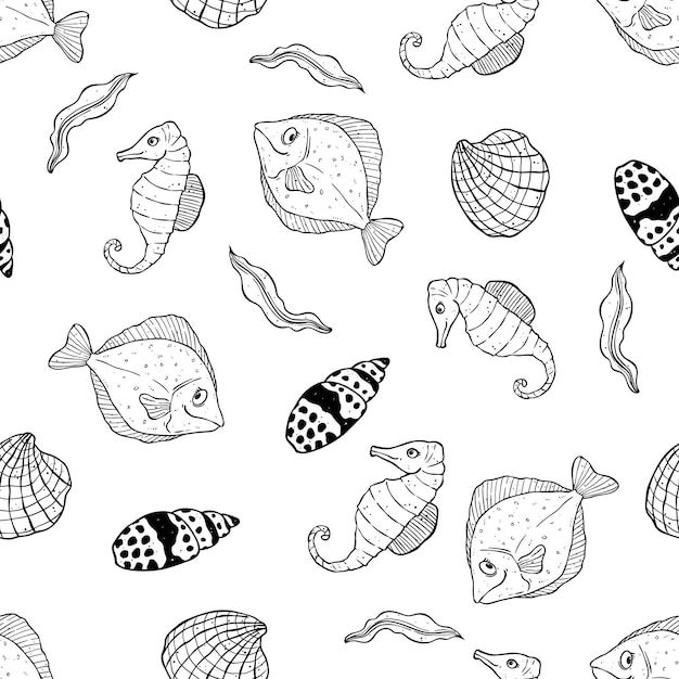 Hand drawn marine animals seamless pattern with seahorses shell and sea plants Underwater elements