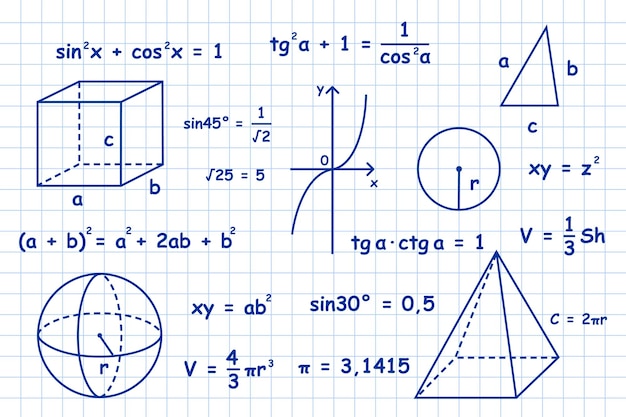 Hand drawn math, geometry, trigonometry symbols. Math symbols on notebook page background.