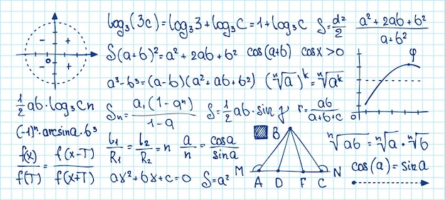 Hand drawn math symbols Blackboard chalkboard with equation and integral trigonometry