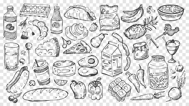 Hand drawn meal doodles set. Collection of pencil or chalk drawing sketches of different food types fruits and vegetables on transparent background. Healthy nutrition and junk food illustration.