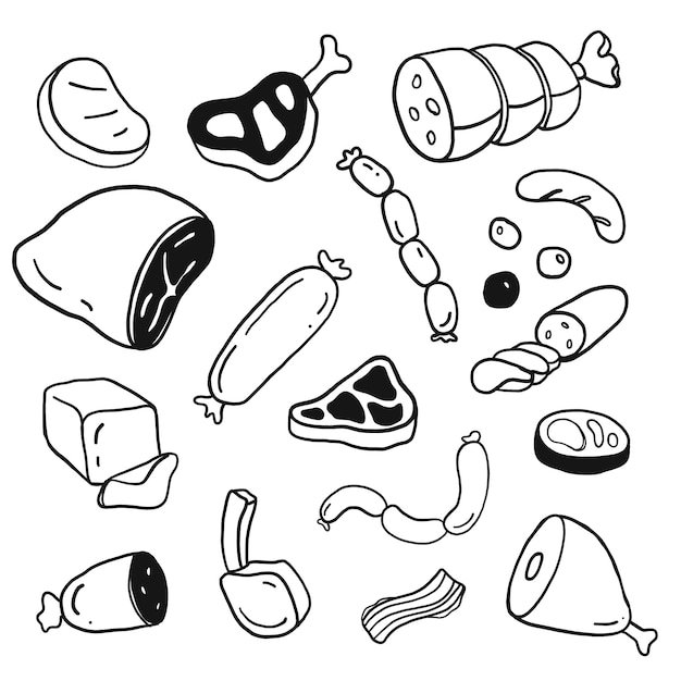 Hand drawn meat doodles set