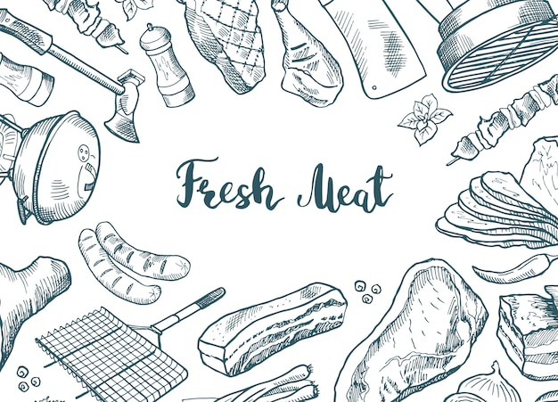 hand drawn meat elements gathered around lettering 