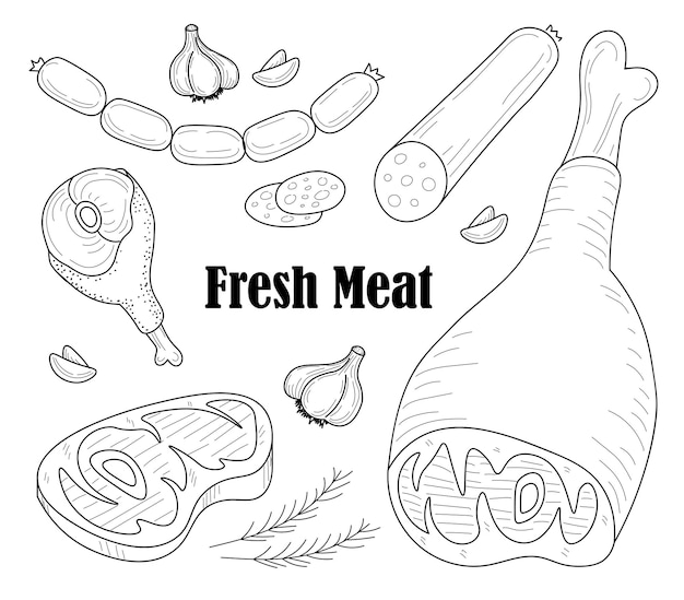 Hand drawn meat set Pork lamb beef chicken sausage and garlic