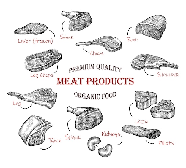 Hand drawn meat. Vector icon collection of illustration. Organic fresh cut types of meat. Butchery.