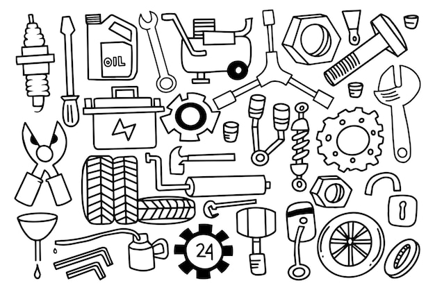 hand drawn mechanical tool doodle style design concept