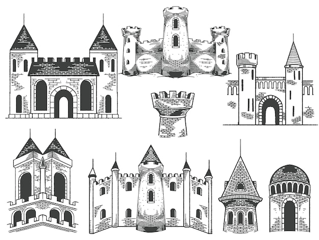 Vector hand drawn medieval castles drawing ancient building set in engraving black white style vector