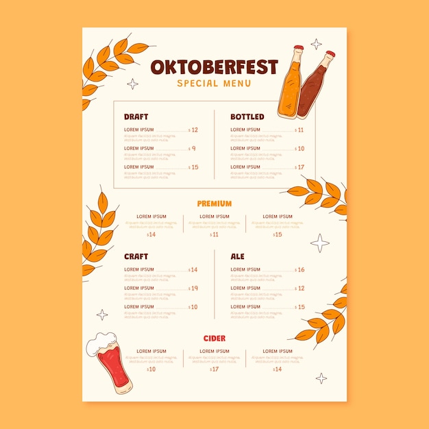 Hand drawn menu template for oktoberfest beer festival celebration