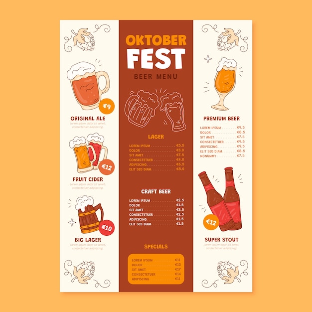 Hand drawn menu template for oktoberfest beer festival celebration