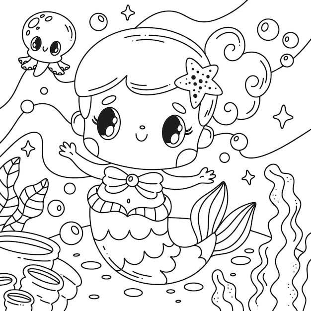 Hand drawn mermaid coloring book illustration