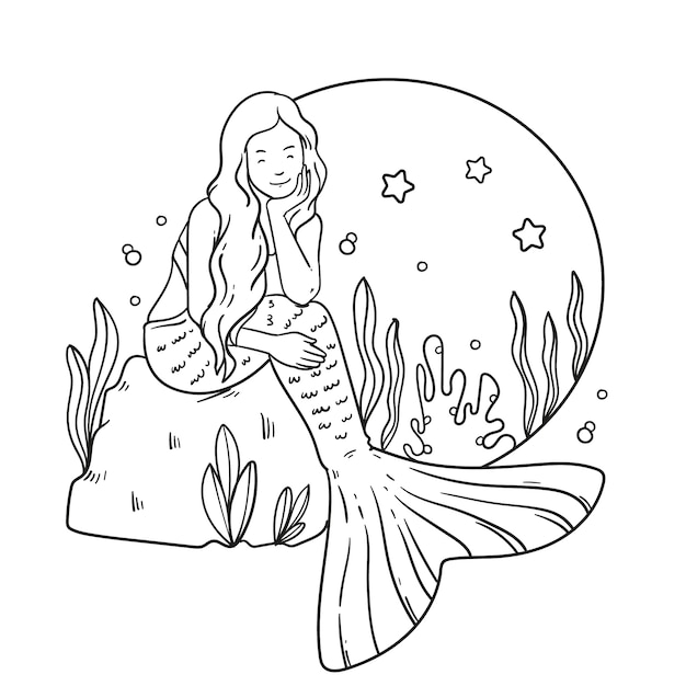 Hand drawn mermaid outline illustration