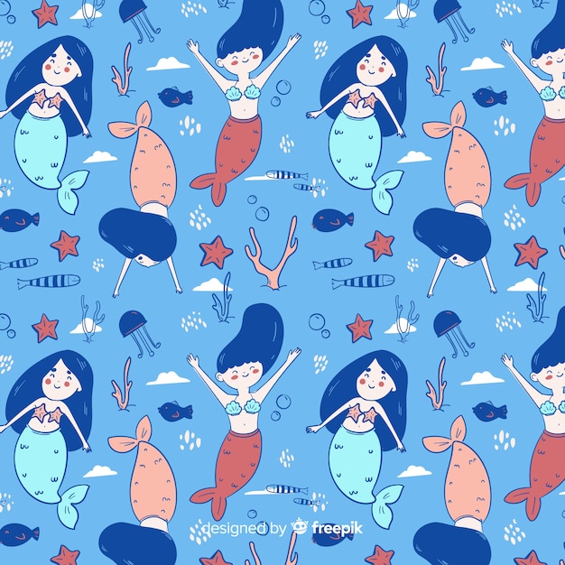 Hand drawn mermaid pattern background