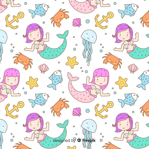 Hand drawn mermaids swimming pattern 