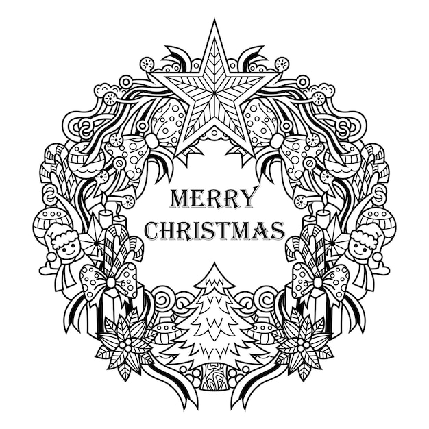 Hand drawn of merry christmas frame in zentangle style