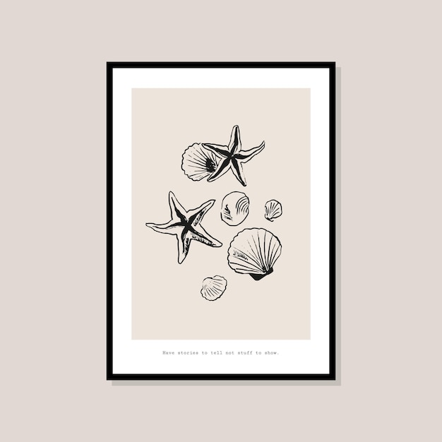 Hand drawn minimal bohemian ocean life illustration poster design for wall art gallery