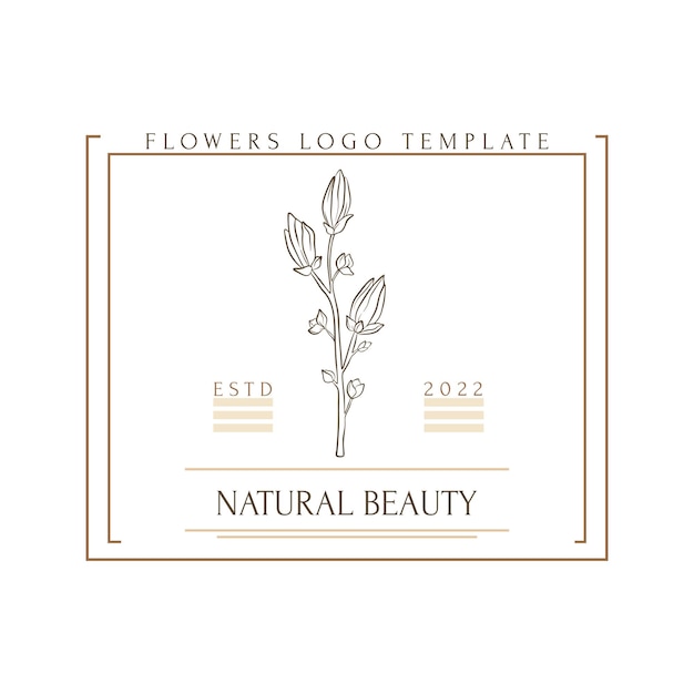 Hand drawn minimal logo of blooming flowers and leaves in line art Bohemian floral vector illustration Decorative botanique monogram composition for greeting card wedding invitation