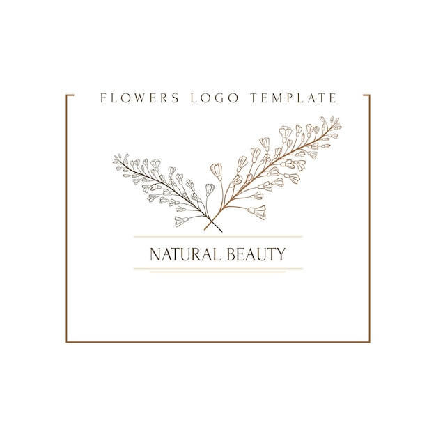 Vector hand drawn minimal logo of blooming flowers and leaves in line art bohemian floral vector illustration decorative botanique monogram composition for greeting card wedding invitation