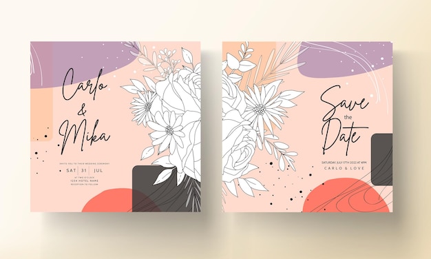 Hand drawn minimal wedding invitation floral with abstract background