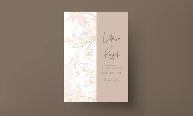 Vector hand drawn minimal wedding invitation template with elegant gold floral