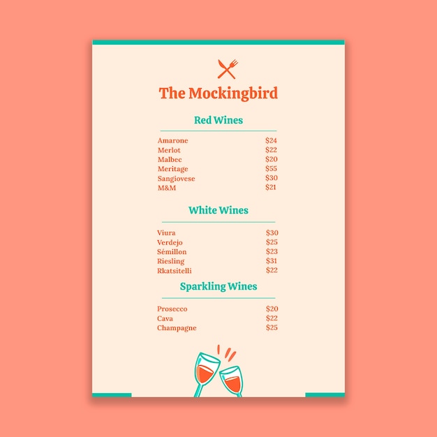 Hand-drawn mockingbird wine menu