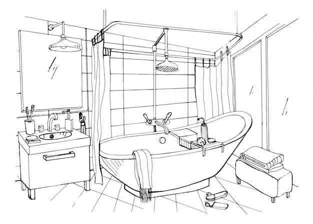 Hand drawn modern bathroom interior design. sketch illustration.