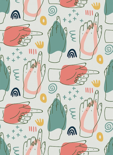 Hand drawn modern illustration with line hands, various shapes, and doodle objects. Abstract modern trendy vector seamless pattern.