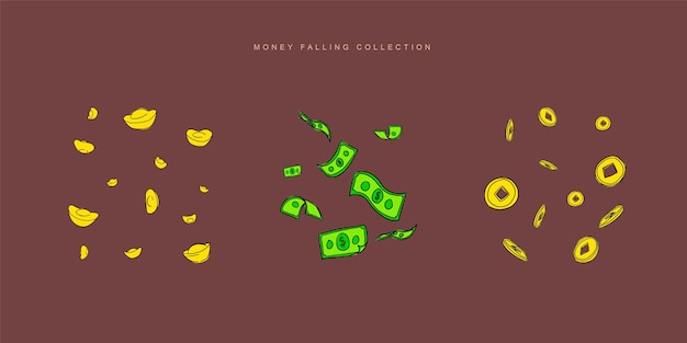 Hand drawn money and ingot falling