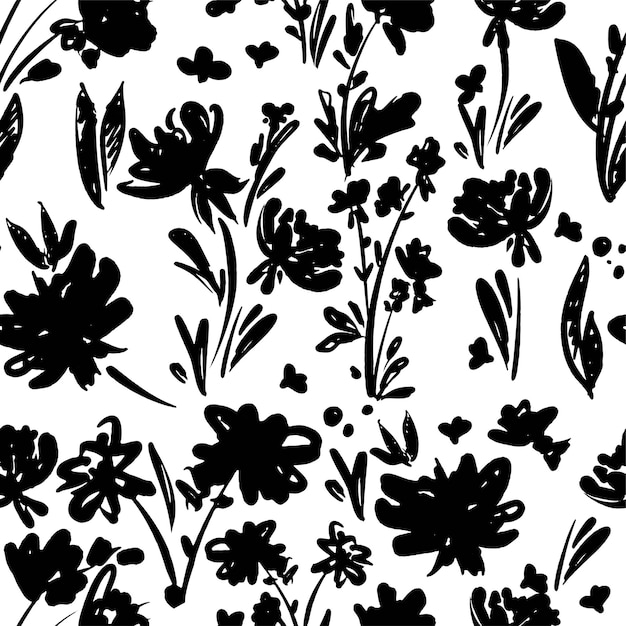 Hand drawn monochrome flowers pattern seamless