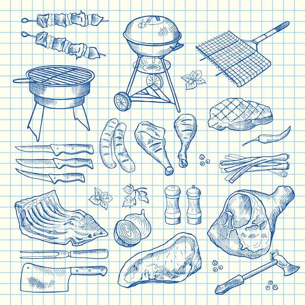 hand drawn monochrome meat elements 