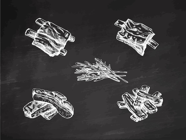 Vector hand drawn monochrome vector sketch set of barbecue ribs and a bunch of arugula on chalkboard