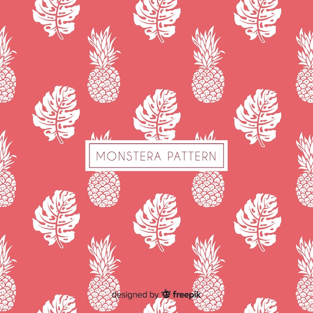 Hand drawn monstera leaves and pineapples background