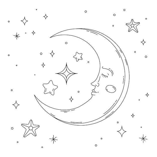 Vector hand drawn moon and stars drawing illustration