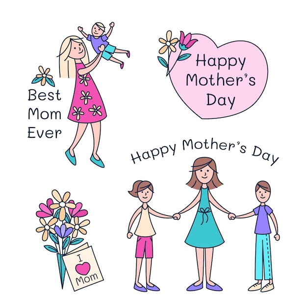 Hand drawn mothers day children drawings illustration