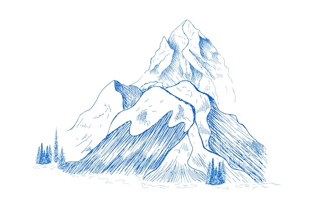 Hand drawn mountain landscapexAPeaks rocks and hills in the snow Ski resort