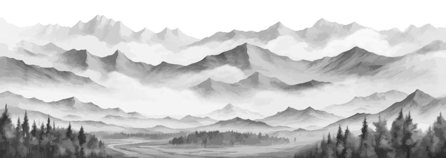 Hand drawn mountain range landscape Panorama with rocky mountains skyline Vector illustration