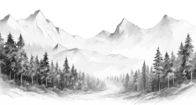 Hand drawn mountain range landscape Panorama with rocky mountains skyline Vector illustration