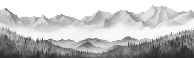 Hand drawn mountain range landscape Panorama with rocky mountains skyline Vector illustration