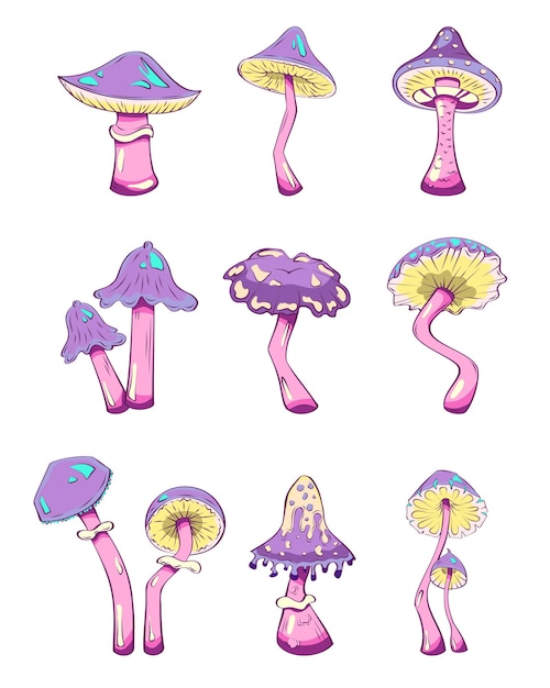 Hand drawn mushrooms Vector illustration collection of colorful raw fungus isolated on white background Fantasy toxic mushrooms