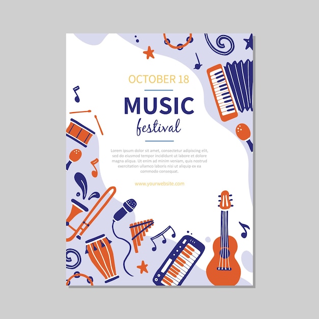 hand drawn music festival poster template with musical instrument. doodle sketch style. 