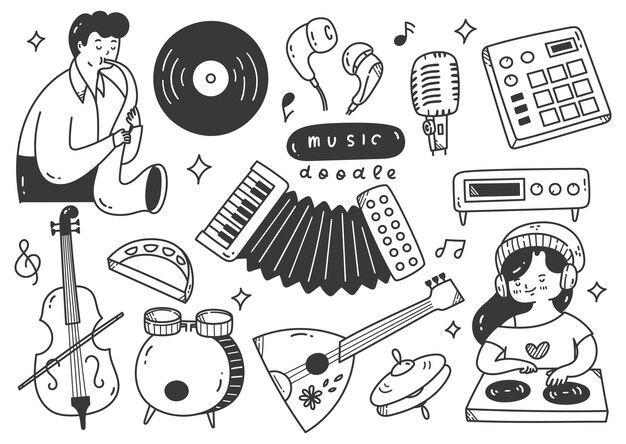 Vector hand drawn music instruments doodle line art vector illustration