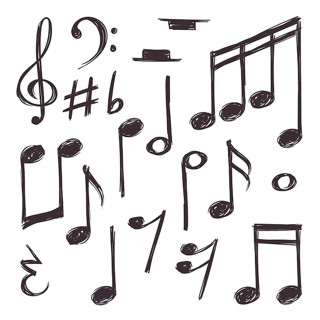 Hand drawn music note.  musical symbols isolated on white doodle collection. 