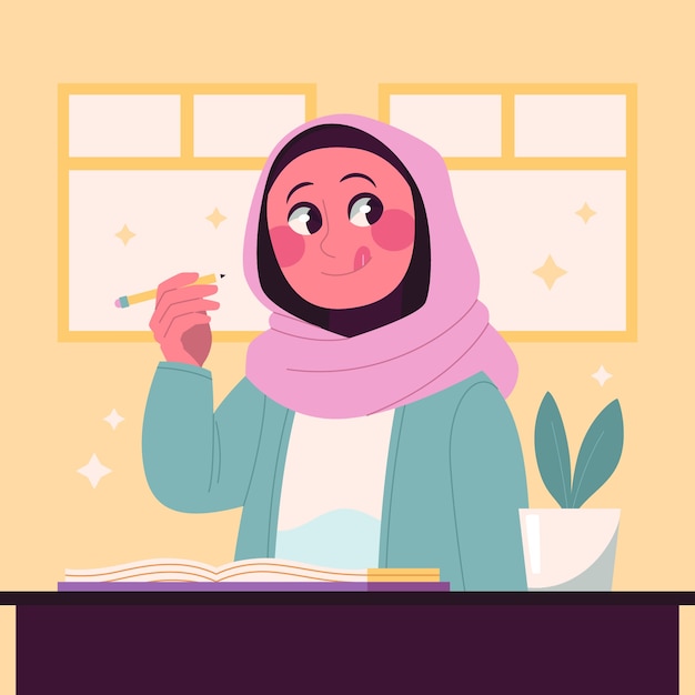 Hand drawn muslim girl education illustration