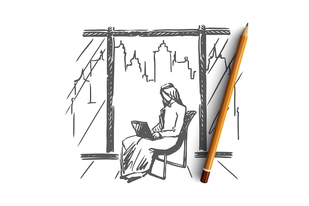 Vector hand drawn muslim man sitting and working with laptop concept sketch