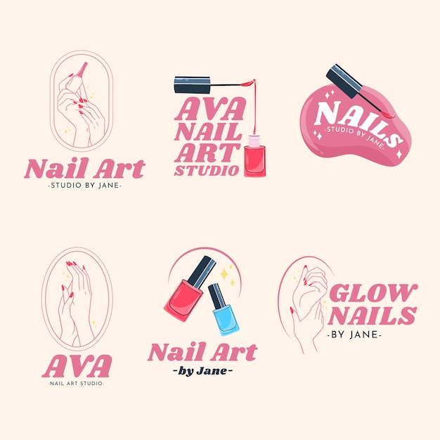 Hand drawn nails salon logo collection