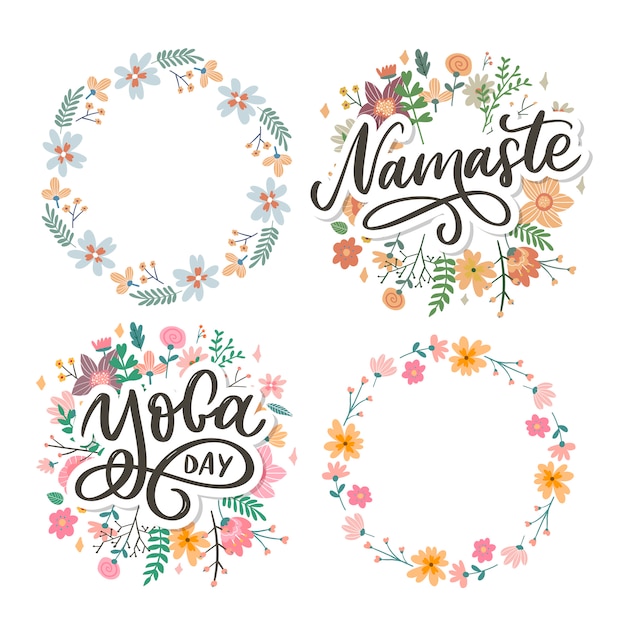 Hand drawn namaste and yoga day lettering set.Floral wreath set