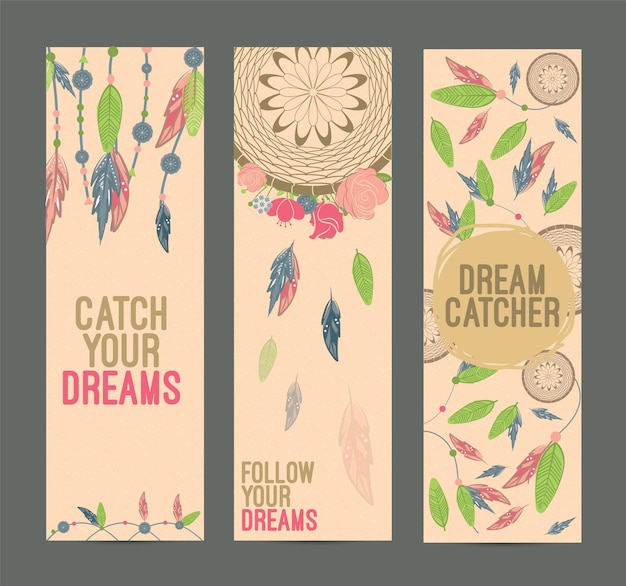 Hand drawn native american dreamcatcher banners set. Eps 10