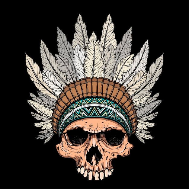 Hand Drawn Native American Indian Headdress With Human Skull Vector Illustration Of Indian Tribal Chief Feather Hat And Skull