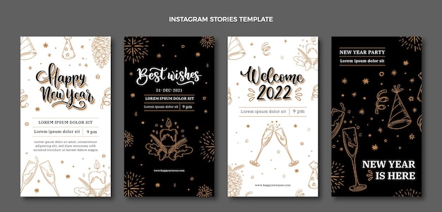 Vector hand drawn new year instagram stories collection