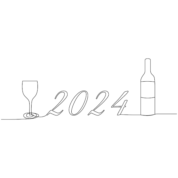 Hand drawn number lettering of 2024 in line art style Happy New Year of Bottle and Glasses