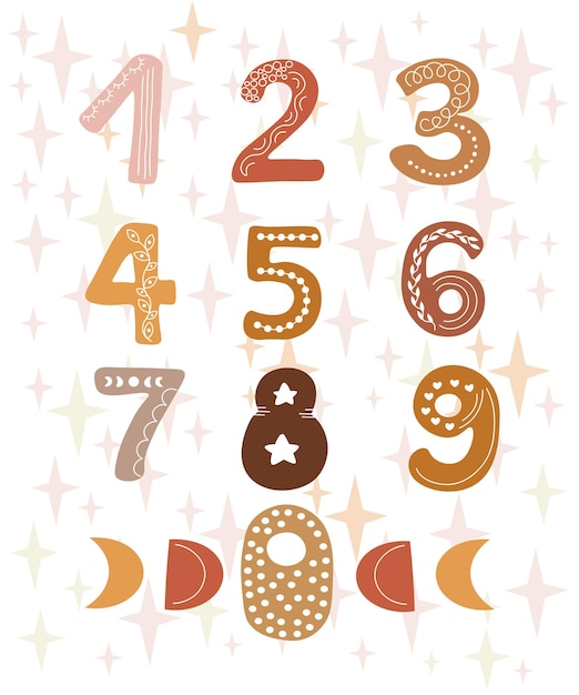 Hand drawn numbers in boho style Cute symbols for banners nursery design postcards Clipart isolated in white background Vector illustration in flat cartoon style