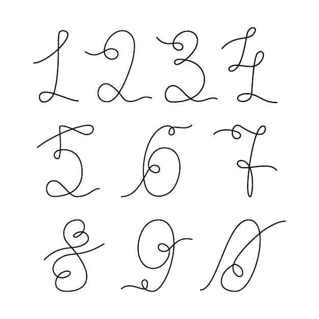 Vector hand drawn numbers to continuous line number set in minimalistic style line art lettering idea